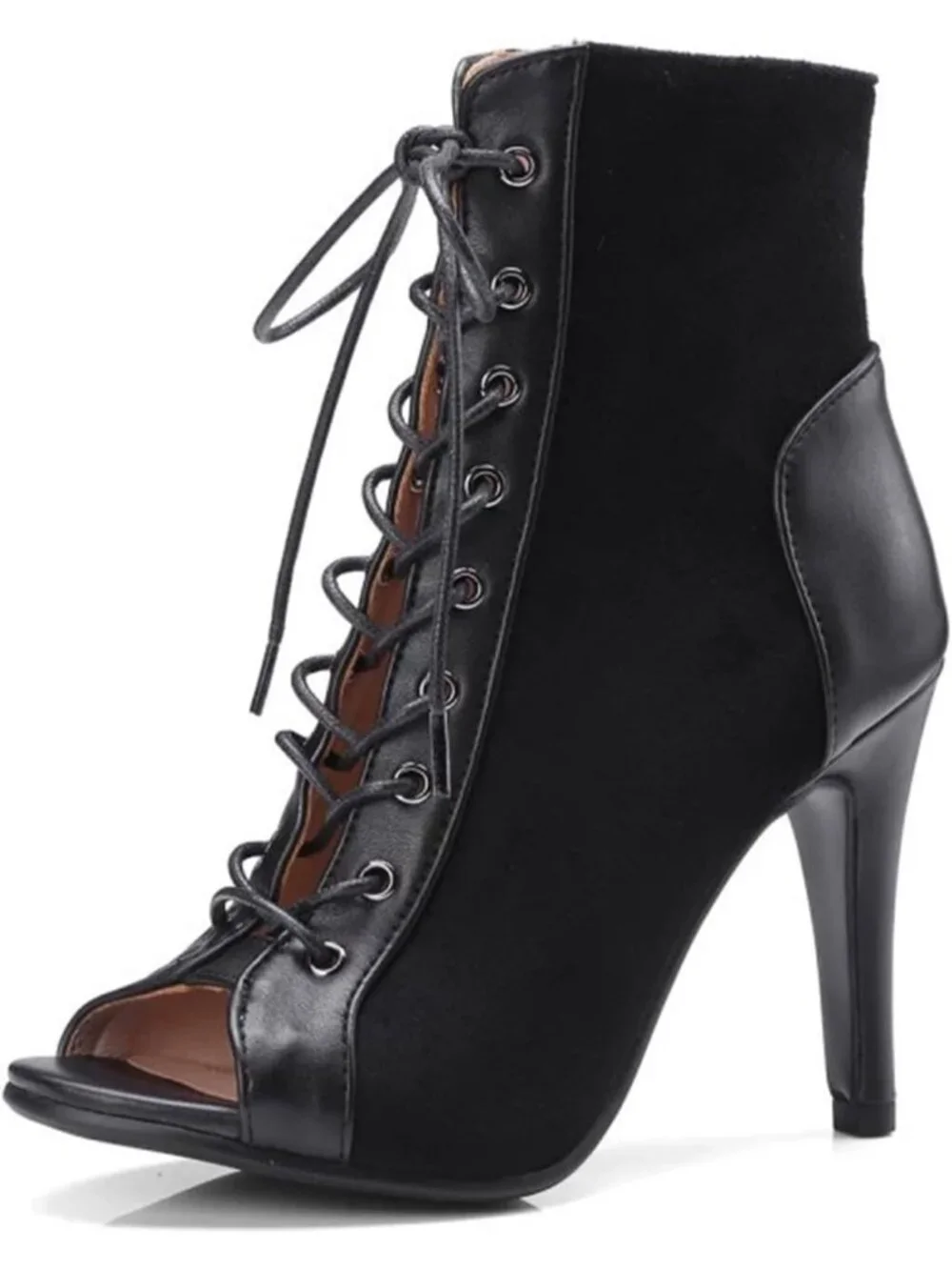Women's Black Suede Buckle Lace Up Mesh Sandal Peep Toe High Heel Ankle Boots